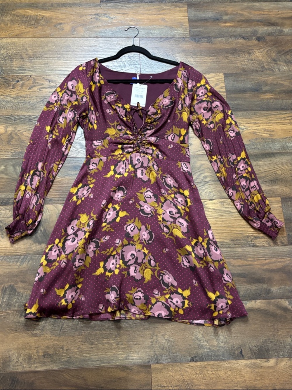 Free People Burgundy Floral Tie-Front Long-Sleeve Mini Dress